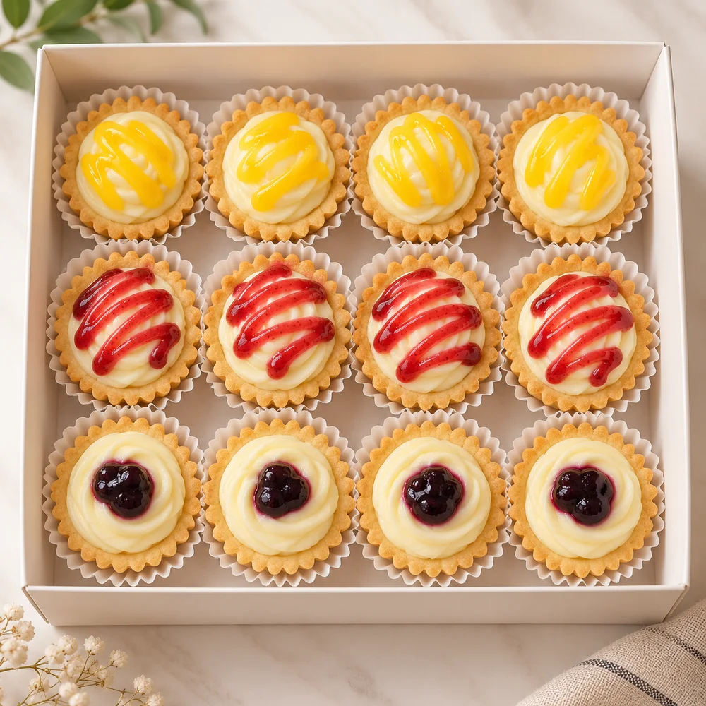 Box of 12 assorted Mango, Strawberry and Blueberry cheese tarts